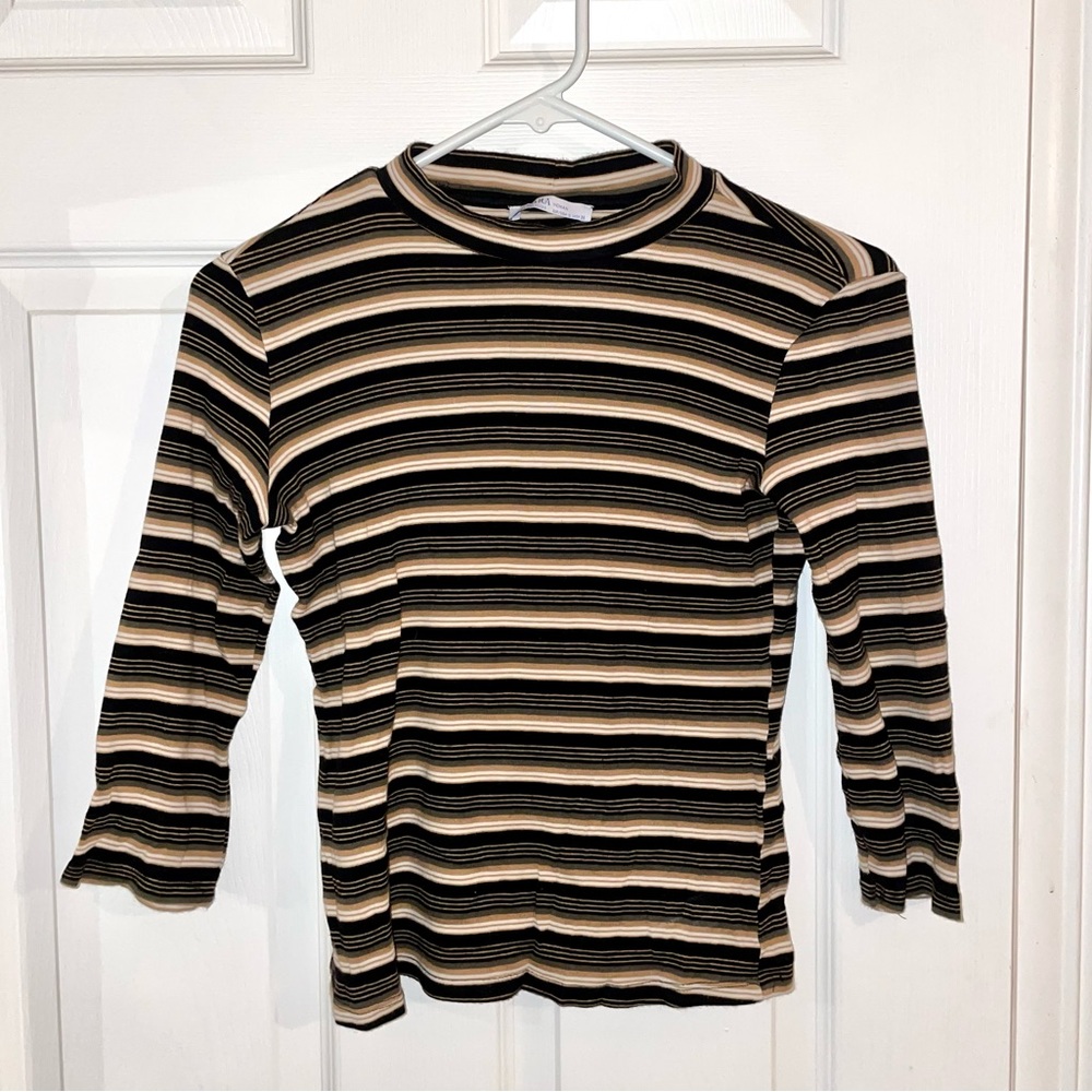 zara black, mustard yellow, olive striped long sleeve mockneck top size small